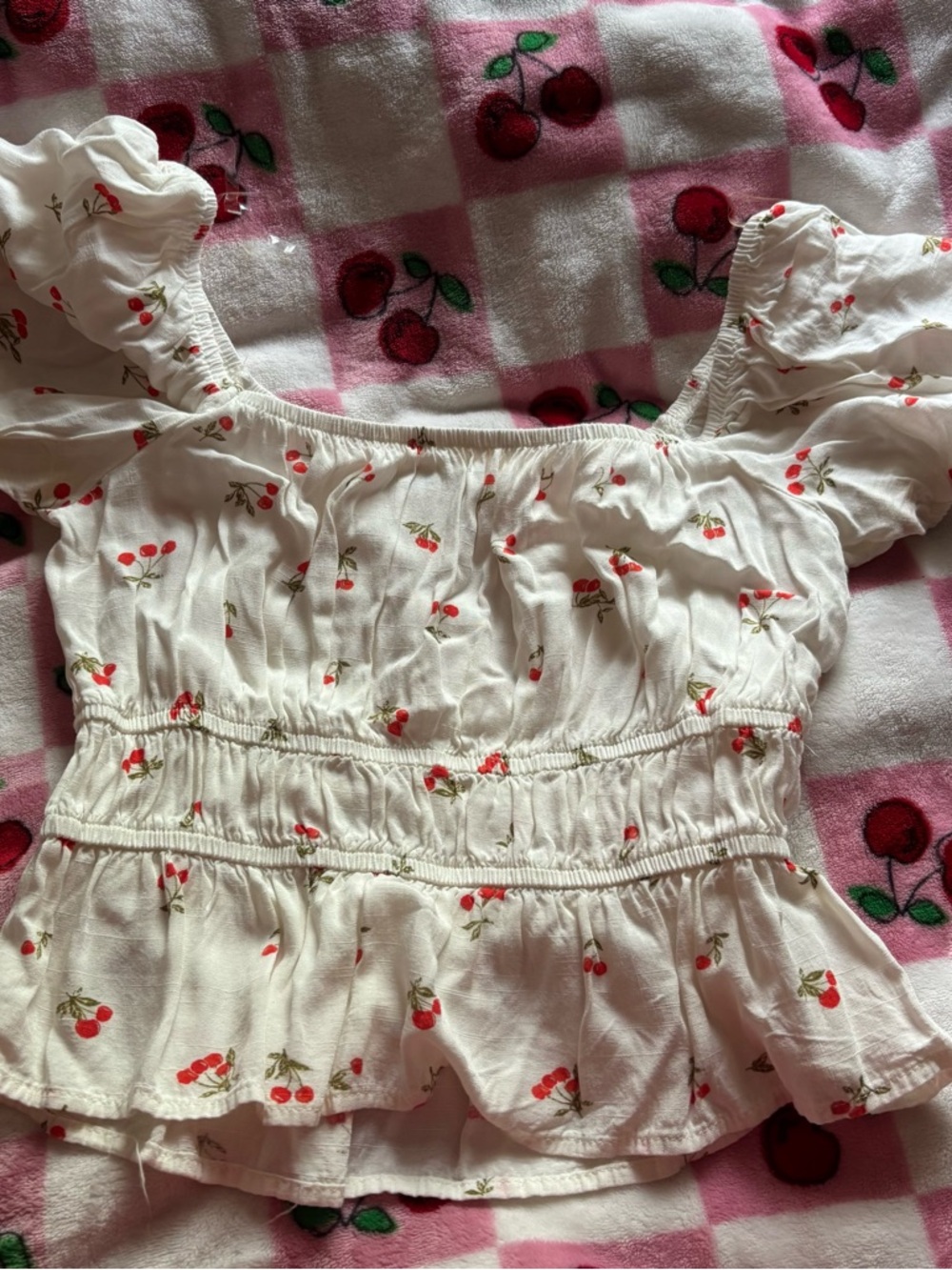 White Cherry Print Peasant Top